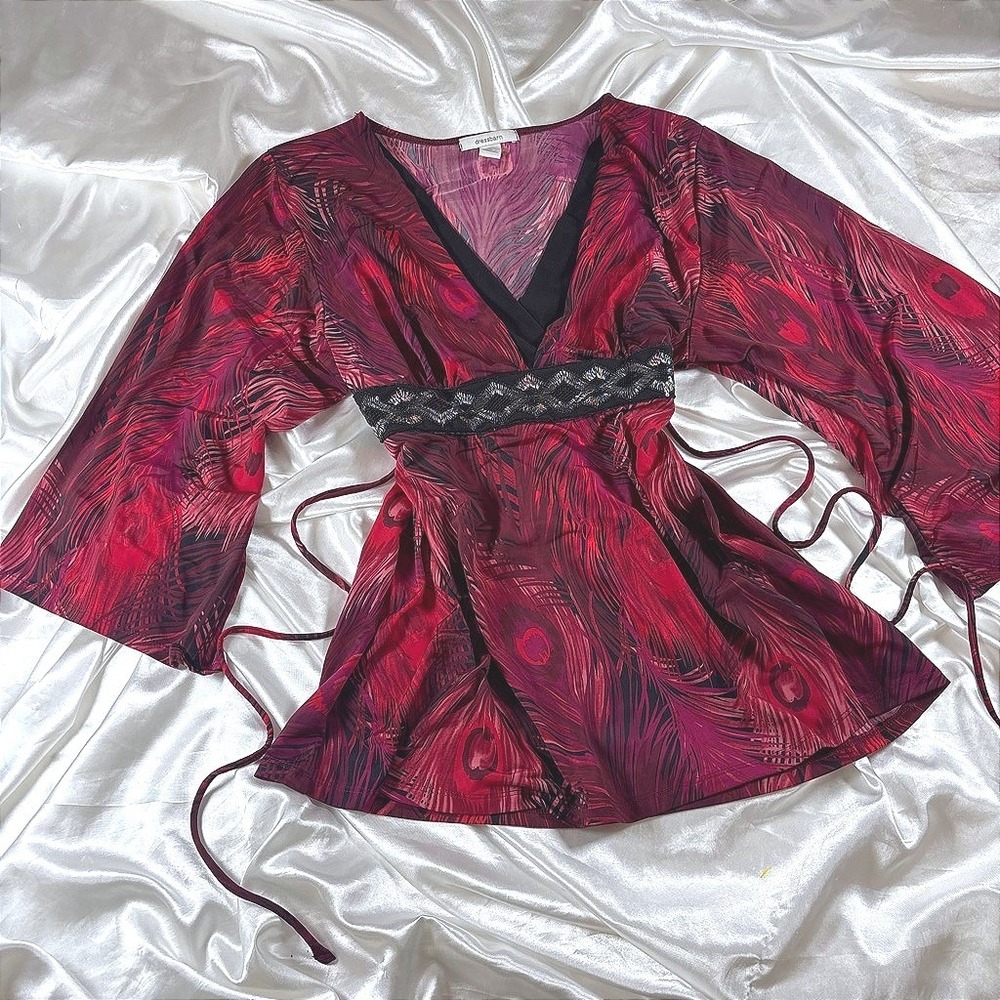 y2k Tunic Top Burgundy Excellent Peacock Print Beaded Empire Waist Kimono Sleeve